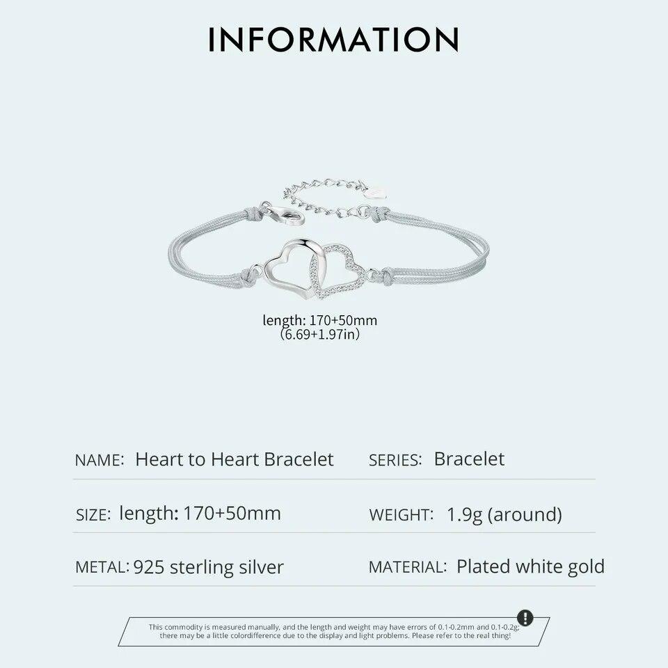 BAMOER Personalized Heart To Heart Bracelet 925 Sterling Silver Dainty Gray Rope Link Chain Bracelet for Women Teen Girls