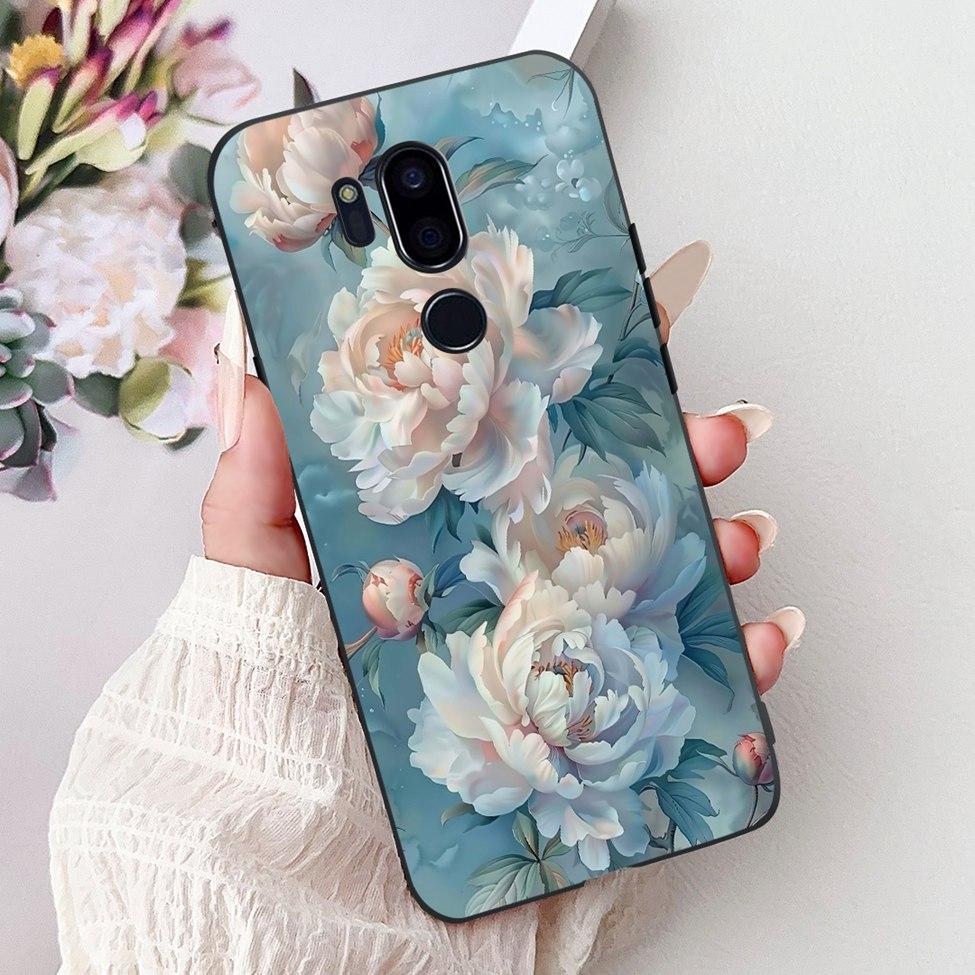 Para LG G7 ThinQ Funda Silicona Negra Gato Lindo Flores de Moda Trasera Pintada Genial Para LG G7ThinQ Funda de Teléfono LMG710EM