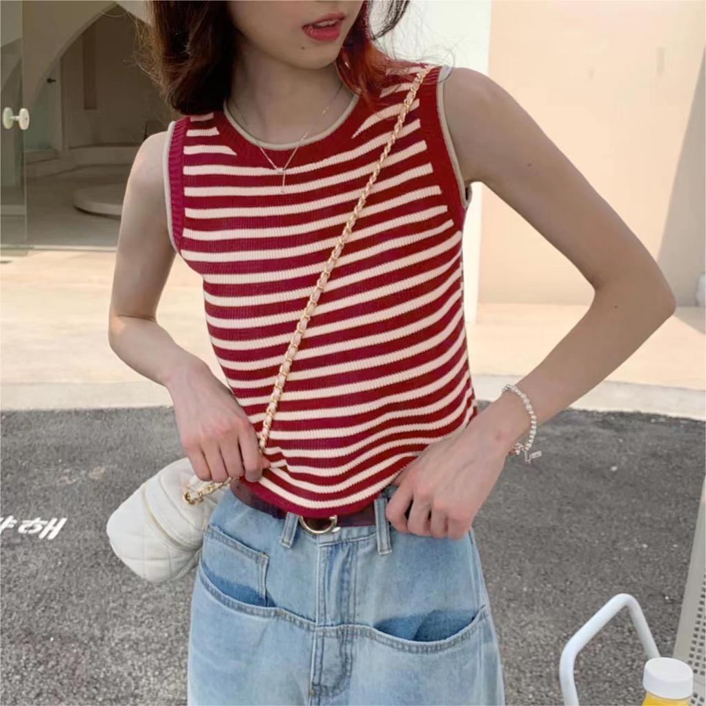 Striped knitted vest suspender women's summer new design sense outer wear wide inner sleeveless student top women