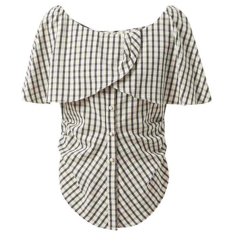 Elegant Ruffle Off-Shoulder Plaid Blouse XL