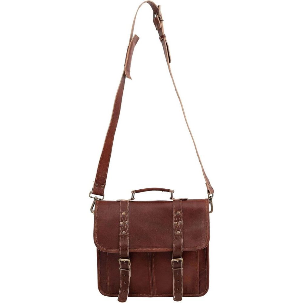 Vintage Goat Leather Messenger Real Satchel Genuine Laptop Brown Briefcase Bag