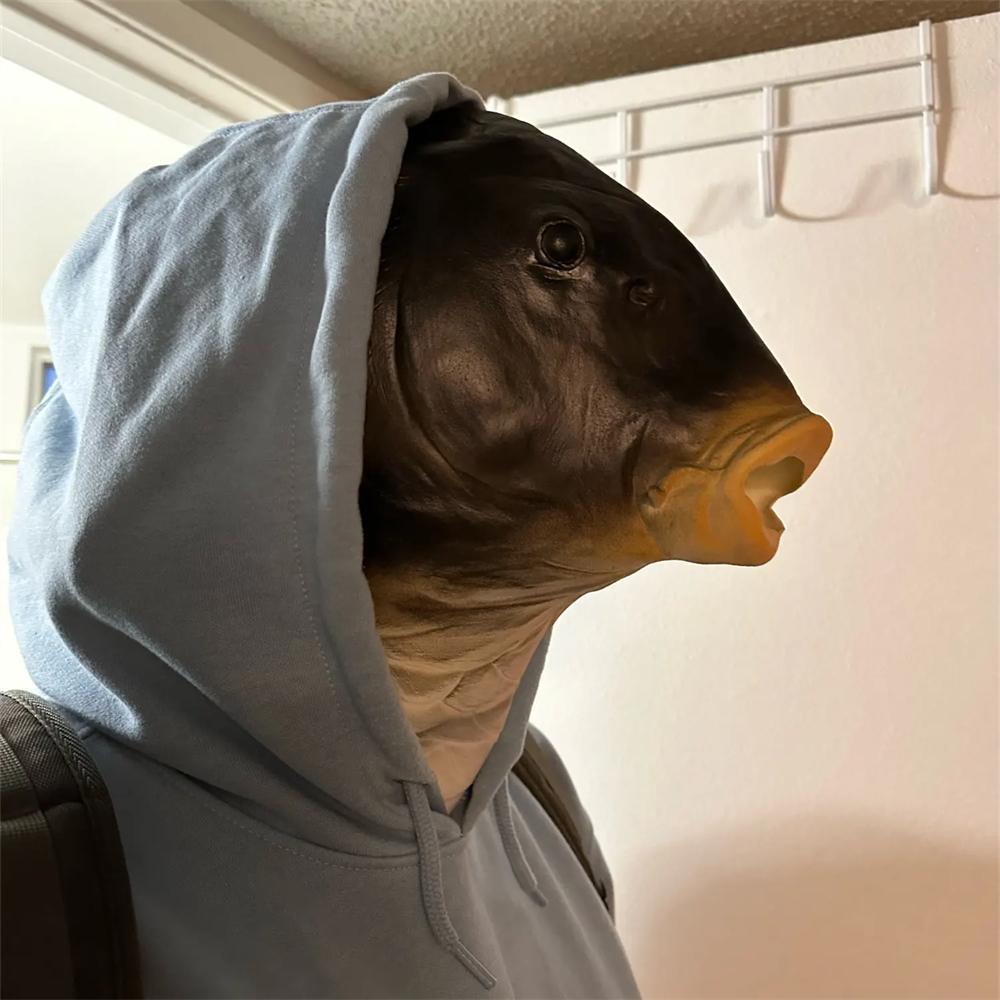 Fish Head Mask Funny Animal Black Carp Mask For Halloween Birthday Party Animal Cosplay Head Cover Prank Prop Fish Latex Masks