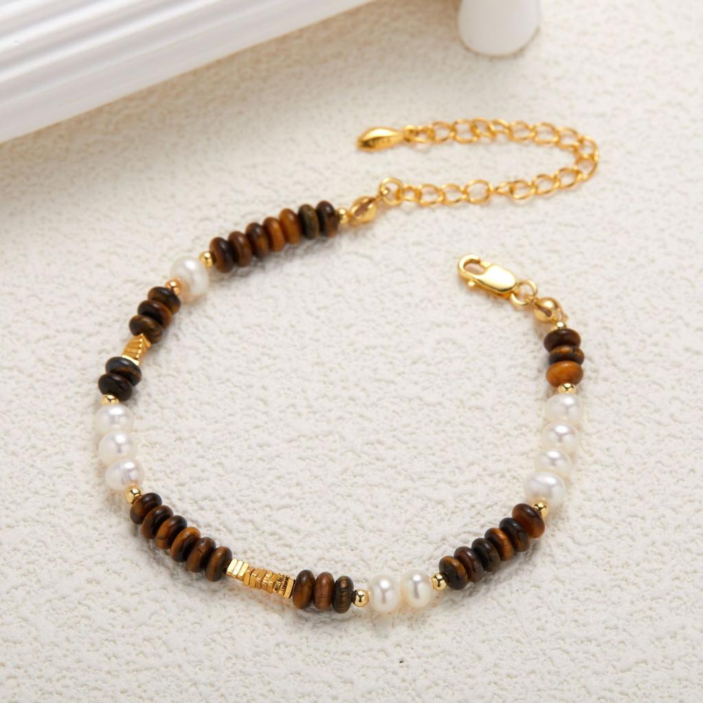 Original Design S925 Sterling Silver Natural Freshwater Pearl Tiger'S Eye Stone Color Treasure Bracelet Women'S Trend Handmade Beads