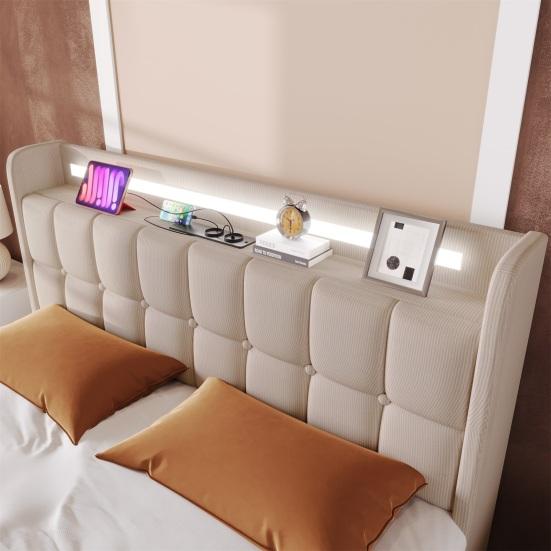 LED Light Bed Soft Cushion Headboard Upholstered with 2/4 Drawers USB Charging Metal Basket Strong Wood Slat Support Bedroom Furniture Teen