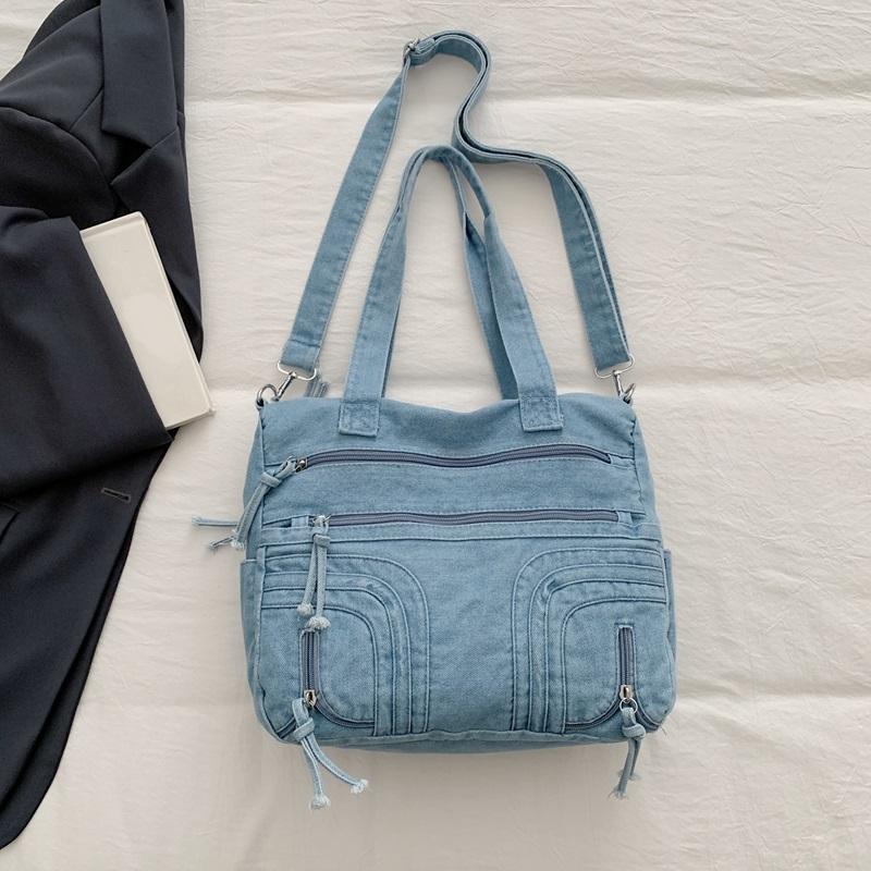 Gewaschene Denim-Umhängetasche mit mehreren Taschen und oberem Griff, verstellbarem Riemen, lässige Tragetasche für den täglichen Gebrauch