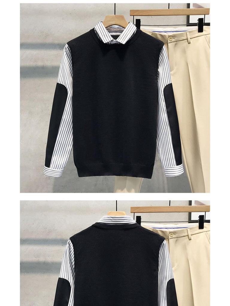 Men's Fake Two-Piece Sweater with Shirt Collar: 2025 Spring/Autumn Patchwork Knitwear Trendy Jacket