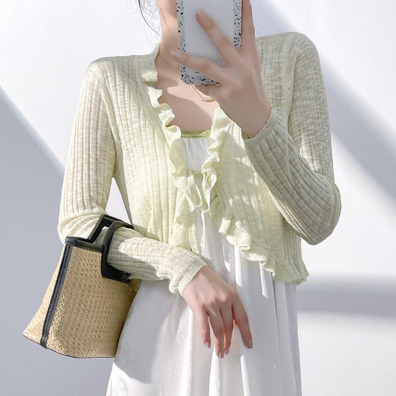 

Солнцезащитный вязаный кардиган женский тонкий сарафан на бретелях с блузкой с кондиционером летняя шаль маленькая жилетка-жакет one size fits all светло-зеленый