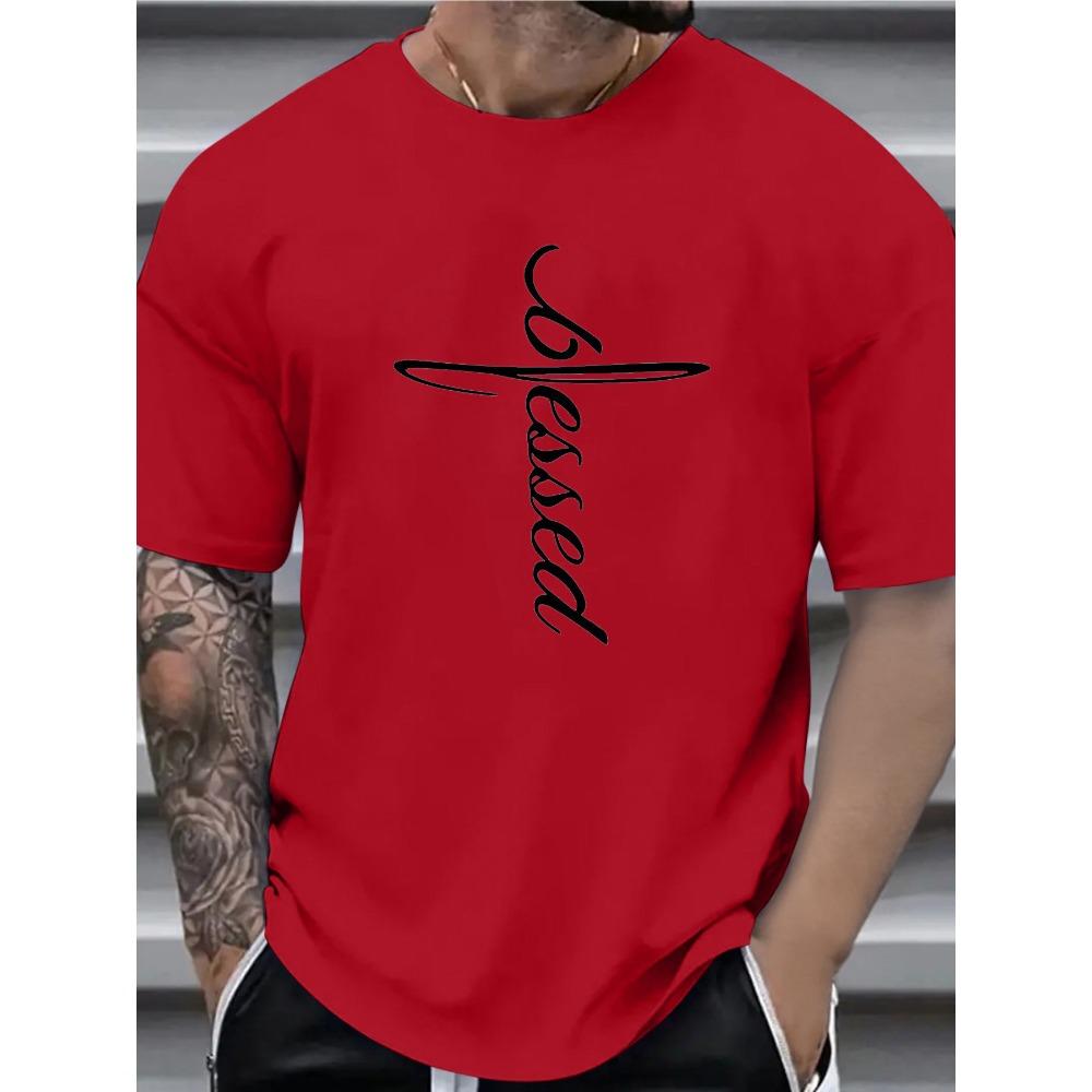 Cotton Summer Men's Fashionable Faith Blessed Letter Printed Round Neck Short Sleeved T-shirt Top