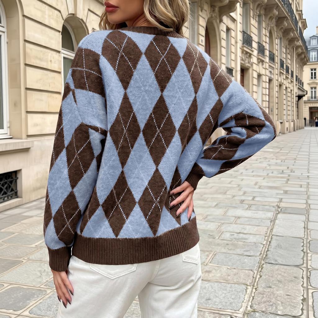 Women's Casual Loose Fit Color Block Sweater, Retro Neck Knit Pullover