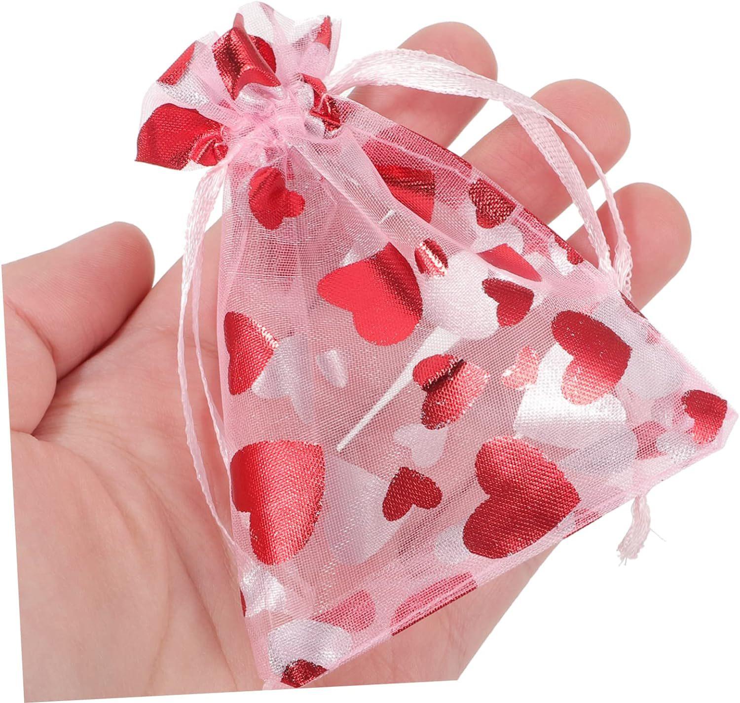 10PCS Red Love Heart Printing Organza Gift Bag Love Heart Drawstring Pouches for Wedding Valentine Day Bag Gift Candy Packing 8x10cm