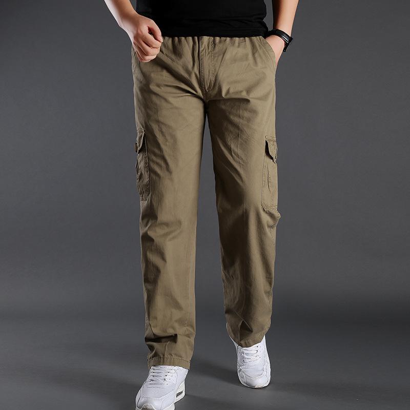 Pure Cotton Casual Large-size Trousers Men's Book Elastic Waistband Multi-pocket Overalls Outdoor Sports
