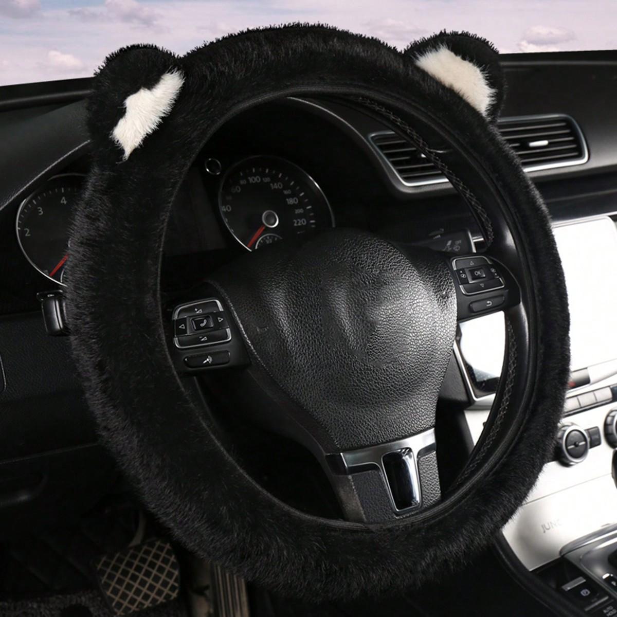 

1 шт. Чехол на руль автомобиля, Модный, Нескользящий, Теплый, Плюшевый, Универсальный, Милый, Мультяшный, Женский тип, Защитный автоаксессуар для зимы one-size чёрный