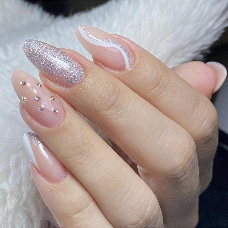 Wearable Press-On Nails With Rhinestone Accents Waterdrop Shape Gradient Shimmer French Tip Sweet Style Adhesive Type