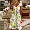 Women's Sundress Midi Dress Short Sleeve Floral Print Summer Casual V Neck Loose Dresses Plus Size 2024 Female Clothing Vestidos