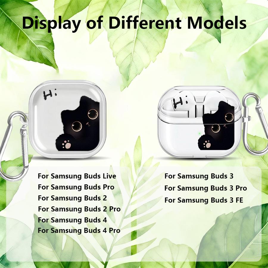Case For Samsung Galaxy Buds 2 Live 4 Pro 2Pro 3Pro 3 FE 4Pro Clear Earphone Cases Cover With Hook Hello Cute Cat