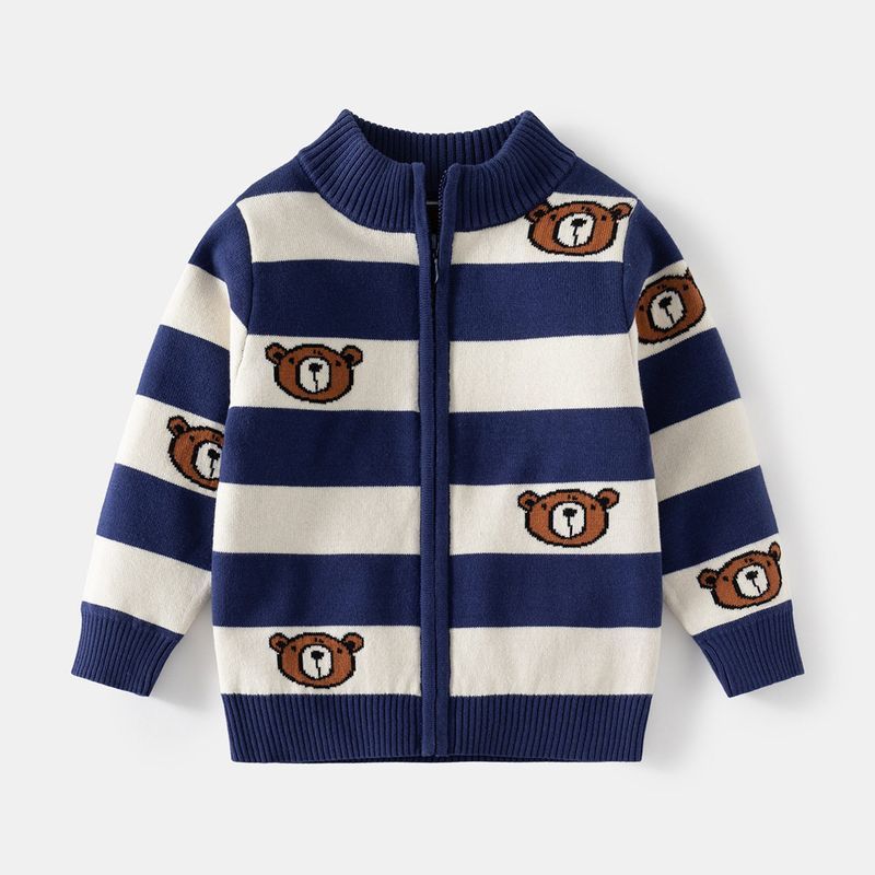 Striped Spring and Autumn Boys' Bear Cardigan Stand Collar Sweater