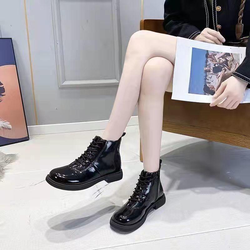 Fashion Black Short Shoes for Women Female Ankle Boots Lace-up with Laces Leather Round Toe Footwear Booties Comfortable and Elegant Y2k