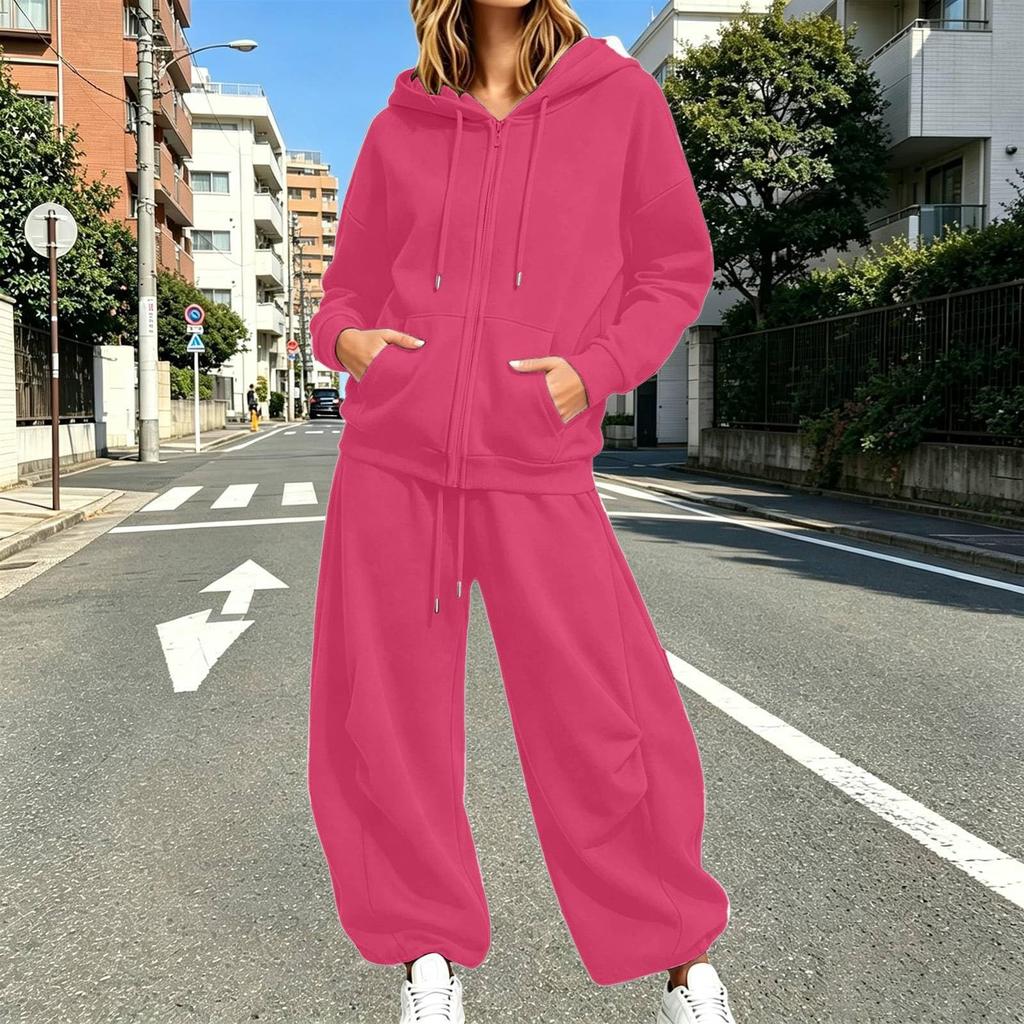 Unisex Lockere Passform Reißverschluss Hoodie mit und Weiter Bein Jogginghose 2-teiliges Trainingsanzug Set Farbe Sportbekleidung