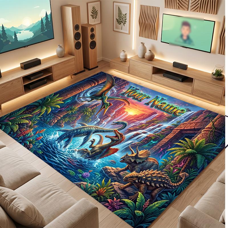 Dinosaur Theme Soft Crystal Velvet Rug Custom Name & Text Print Non Slip Floor Rug for Bedroom Living Room