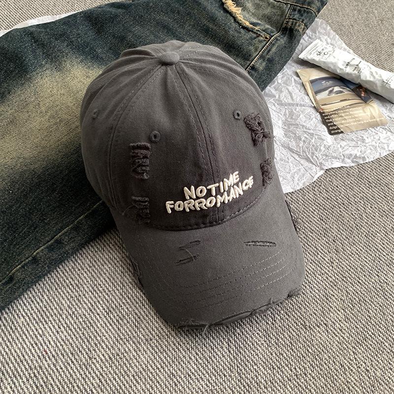Ripped Beige Letter Baseball Cap, Wide Brim, Big Face, Small Female Cap, Big Head Circumference Hat.