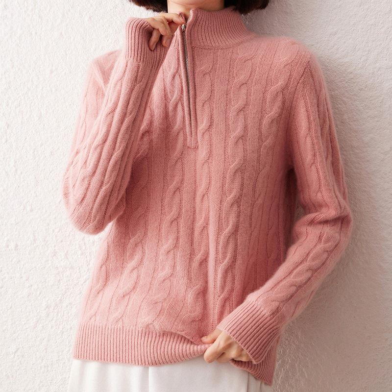 Women's Thickened Cashmere Stand Collar Zipper Sweater - Soft, Warm Cable Knit for Autumn/Winter