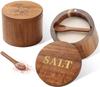 Bamboo Salt Cellar, 2 PCS Salt Container with Built-in Spoon, Salt Box Bowl with Magnetic Swivel Lid, Elegant Kitchen Salt Holder Saver Jar To Storage