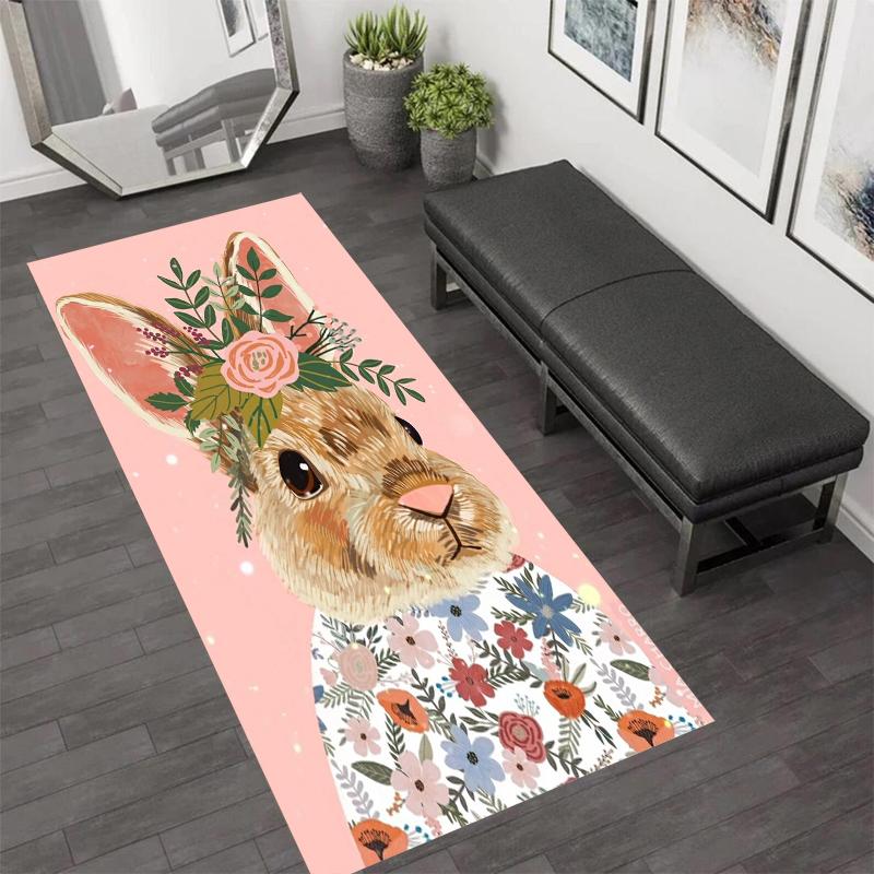 Cute Rabbit Pattern Long Runner Rug Fresh Floral Non-Slip Kitchen Mat Hallway Entrance Doormat Soft Absorbent Home Carpet