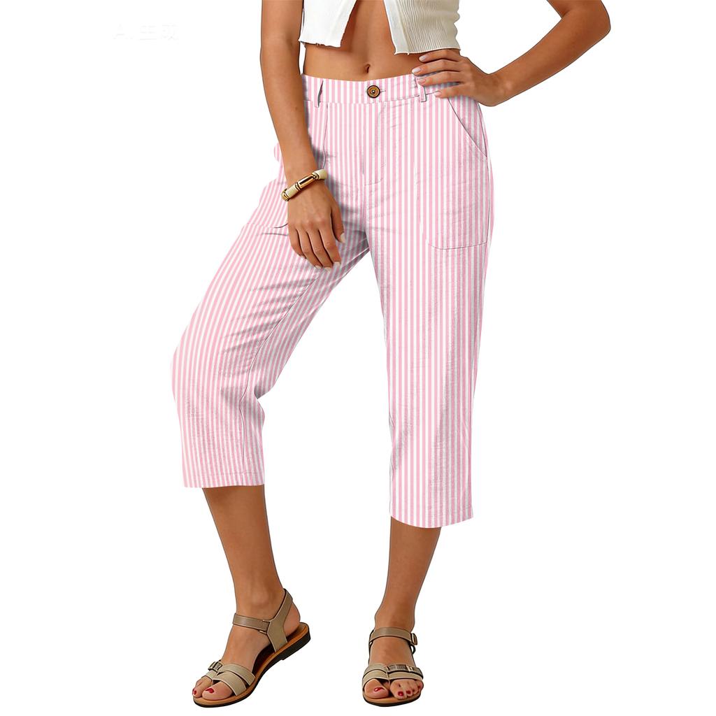 Pantaloni Corti da Donna a Righe Verticali Vita Alta Gamba Larga con Chiusura a Bottone e Tasche Laterali per l'Uso Quotidiano