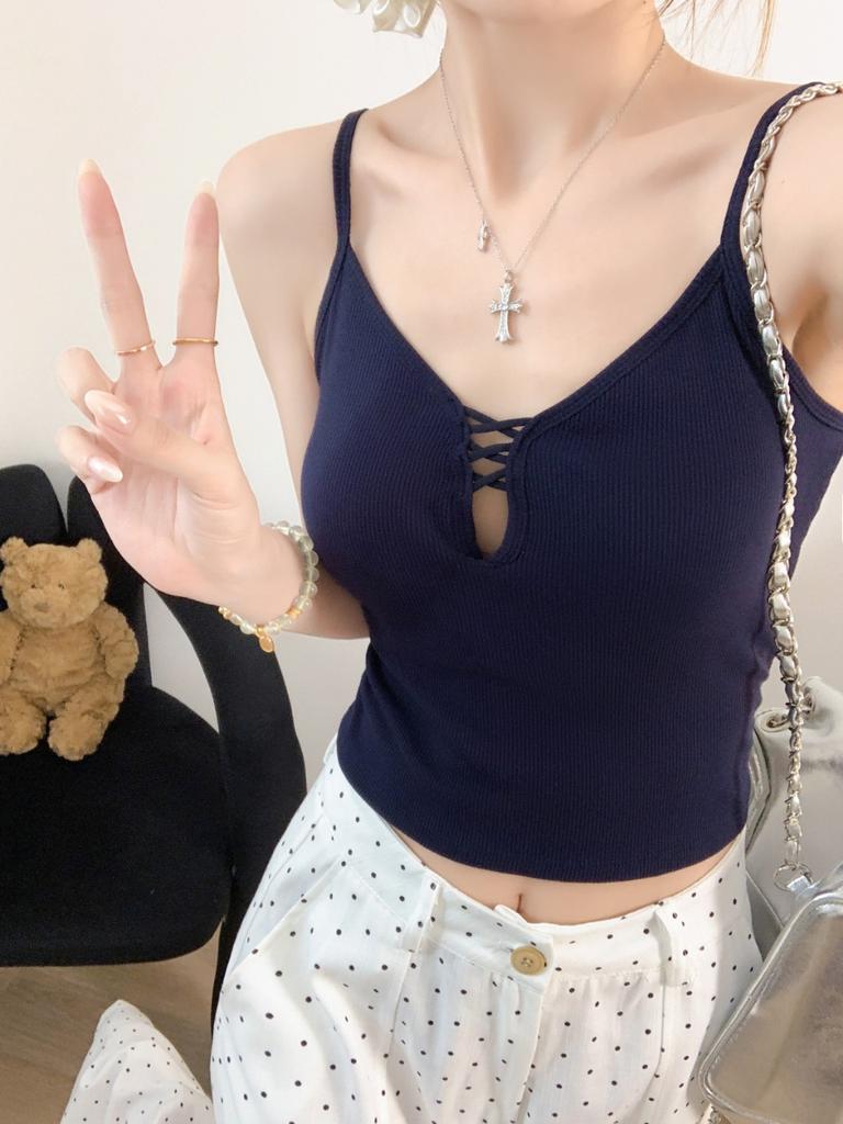 #Summer new pure desire wind hollow cross splicing sling vest female slim fixed with chest pad top