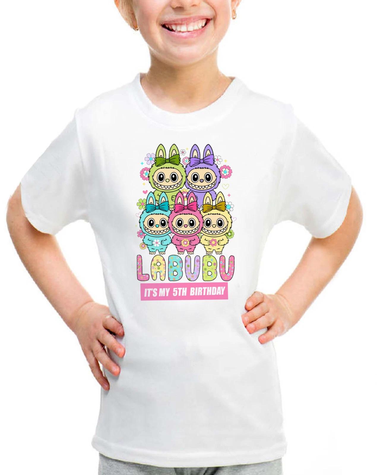 

Labubu Birthday Themed T-Shirt Personalised Monster Shirt Cartoon Kids Girls Boy 160