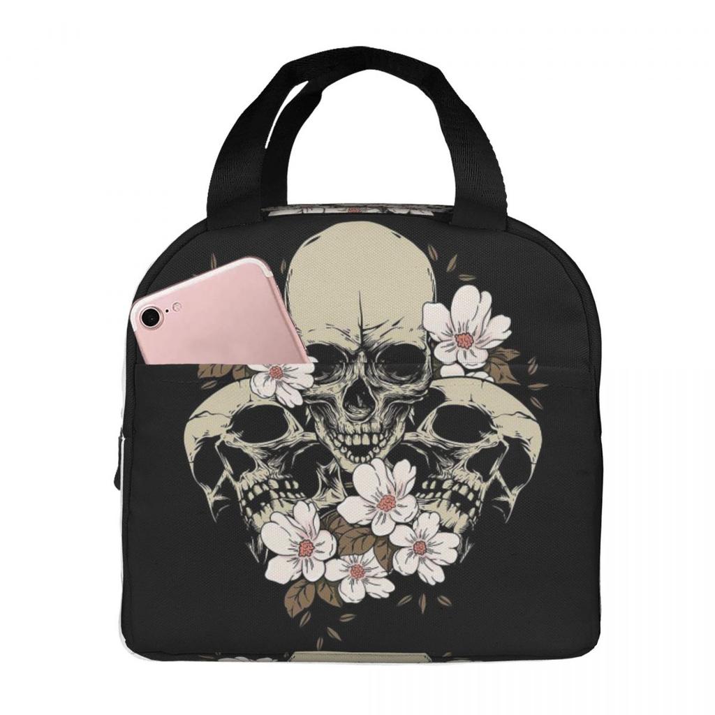 Vintage Gothic Skull Roses Insulated Lunch Bag for Women Kids Portable Food Boxes Thermal Lunch Box Tote