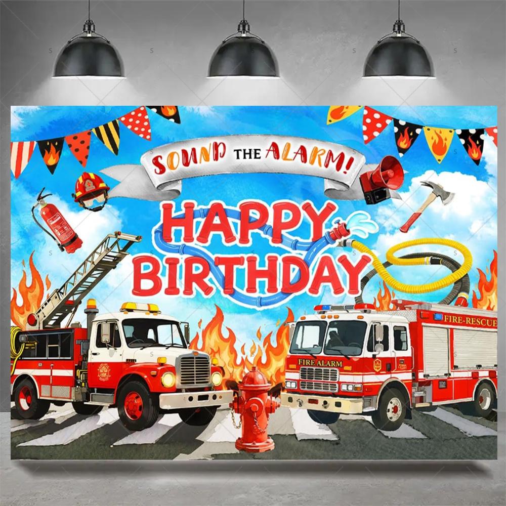 Firefighter Firetruck Theme BackgroundRed Fire Truck Children Boy Birthday Party Decor Baby Shower Photography Backdrop Props