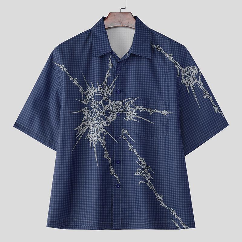 

INCERUN Men Lapel Neck Short Sleeve Button Down Print Casual Loose Shirts Tops 5XL синий
