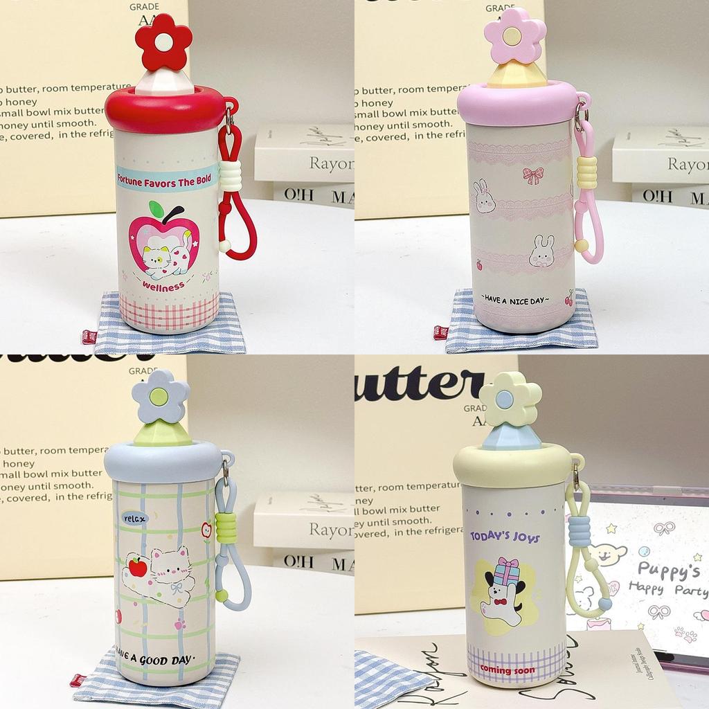 Cute Cat Theme 600ml Stainless Steel Insulated Travel Mug With Straw For Kids And Adults