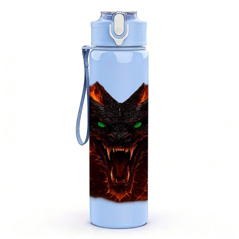 1PC Fiery Red Demon Beast Fantasy Head Print 750ml Color Plastic Sports Water Bottle Leakproof Flip Straw Lid Suitable for Sports Office Home Use