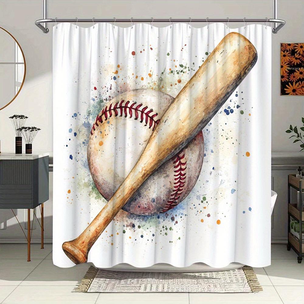 Baseball Shower Curtain - Watercolor Wooden Bat & Ball, Nostalgic Sports Theme, Water-Resistant Polyester