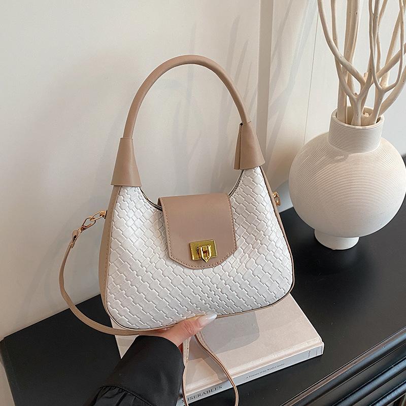 Borsa a mano/a spalla da donna, capiente, nuovo design alla moda, trama intrecciata, colore unito casual, a forma di mezzaluna