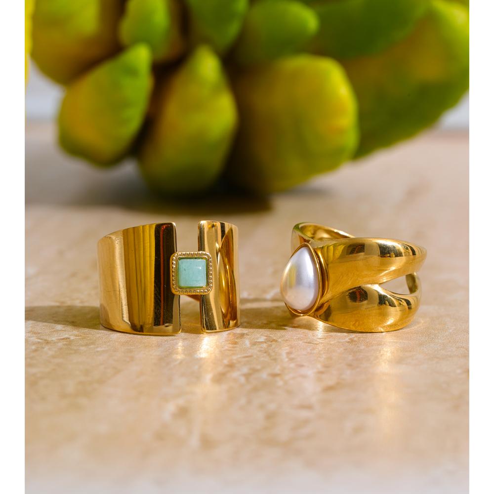 Eetit Natural Amazon Stone Pearl Open Golden Cast Ring for Women Glossy Stainless Steel Charm Jewelry Tarnish Resistant