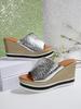 Thick-soled slope heel silver fish mouth one-word cool slippers women's 2025 summer light height increase big head office sandals