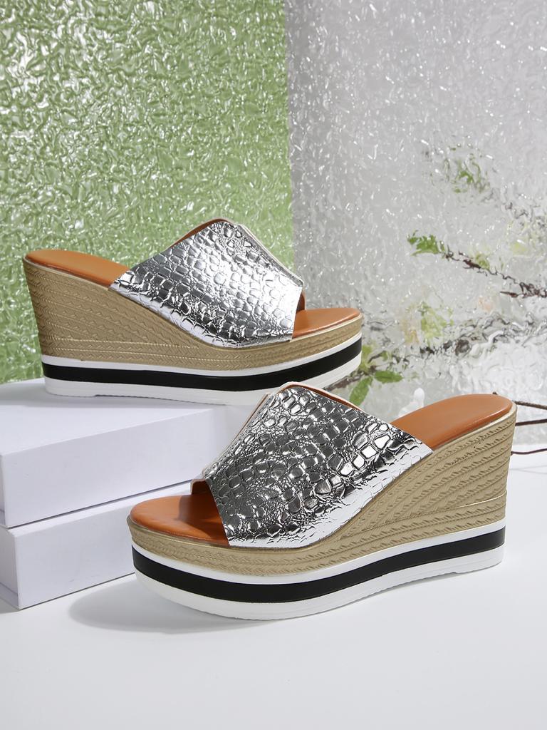 Thick-soled slope heel silver fish mouth one-word cool slippers women's 2025 summer light height increase big head office sandals
