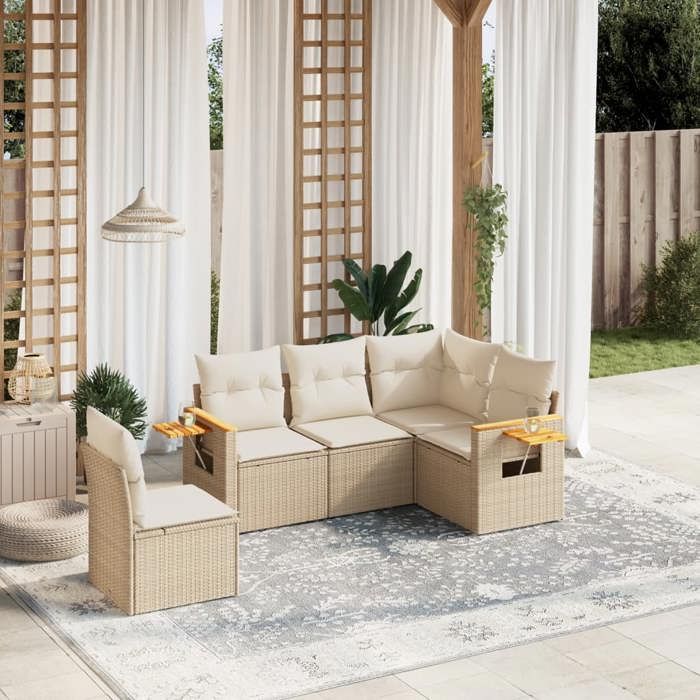 VidaXL Salon de Jardin avec Coussins 5 pcs, Canapés de Terrasse, Ensemble de Meubles de Patio, Mobilier d'Extérieur, Beige 3259216