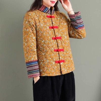 Winter New Cotton Padded Retro Floral Print Jacket And Coat Warm Thicken Folk Style Parkas