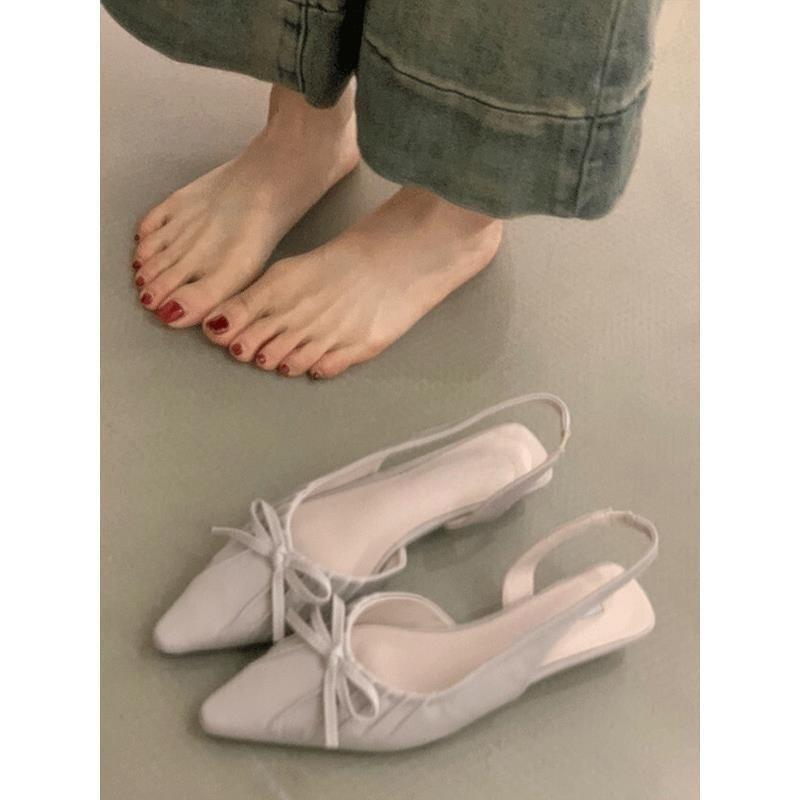 French Evening Breeze Gentle Folds Pointed Toe Bag Head Sandals Women's Spring and Summer Outer Wear Empty Flat Heel