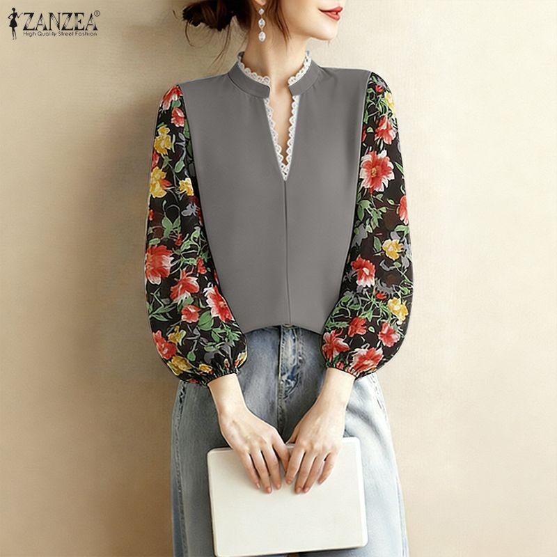 ZANZEA Women Casual V-Neck Floral Print Splice Long Sleeve Blouse