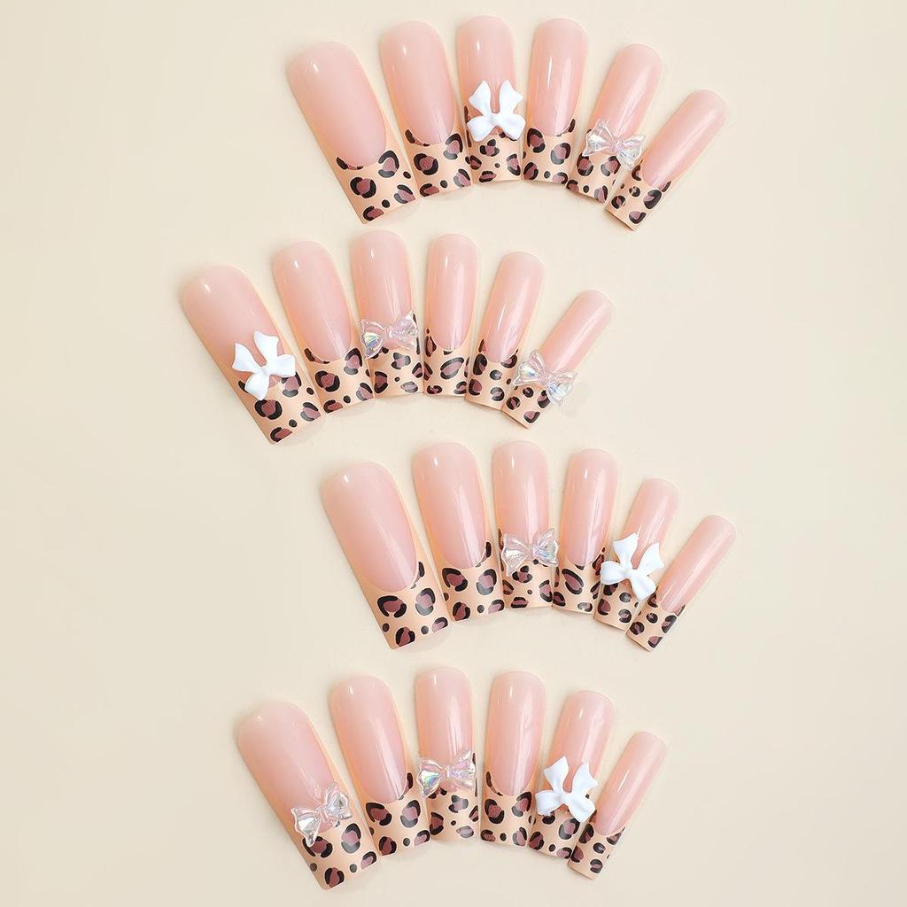 Handmade Leopard Print French Tip Bowknot Press-On Nails