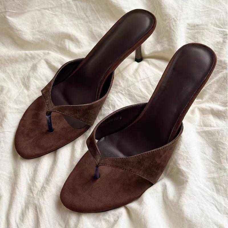 Fashion Square Toe Clipped Herringbone Sandals for Women Summer Open Toe Medium Heel Suede Non-slip Stiletto Sandals