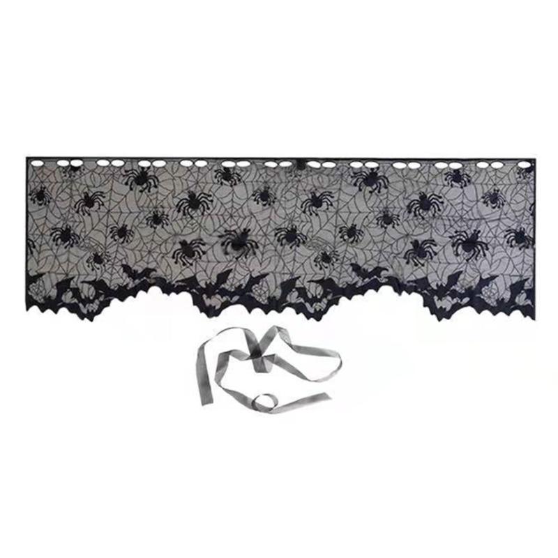 Cobweb Lace Table Runner and Rectangular Mantel Scarf Cover for Holiday Party Decoration, Black Spiderweb Mantel Scarf