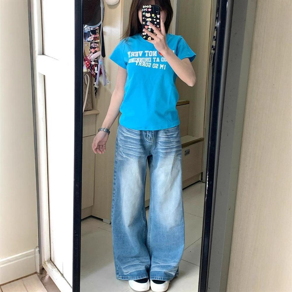 Wide-legged Crease Jeans Women Autumn Washed Loose Draping Retro High Waist Thin Straight Pants Retro Street Style Baggy Long Jeans for Ladies