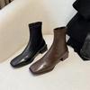Brown Square Head Small Short Boots for Women's Spring and Autumn New French Thick Heel Medium Heel Single Boots Elastic Thin Boots for Women