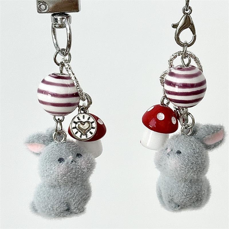 Cute Sweet Mushroom Flocked Bunny Rabbit Phone Chain Lanyard Ccd Camera Charm Accessory Girl Keychain Pendant Bag Ornaments Gift